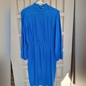 Pure Silk Botton Down ShirtDress Sz12 Royal Blue Long Sleeves Some Discoloration